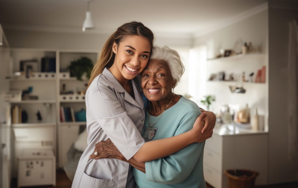 Confident doctor wearing uniform and eyeglasses gently doing therapeutic massage on calm female patients neck and stretching stiff neck muscles